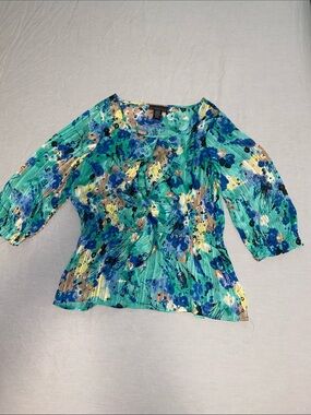 attention Teal & Blue Floral Pleated V-Neck Blouse